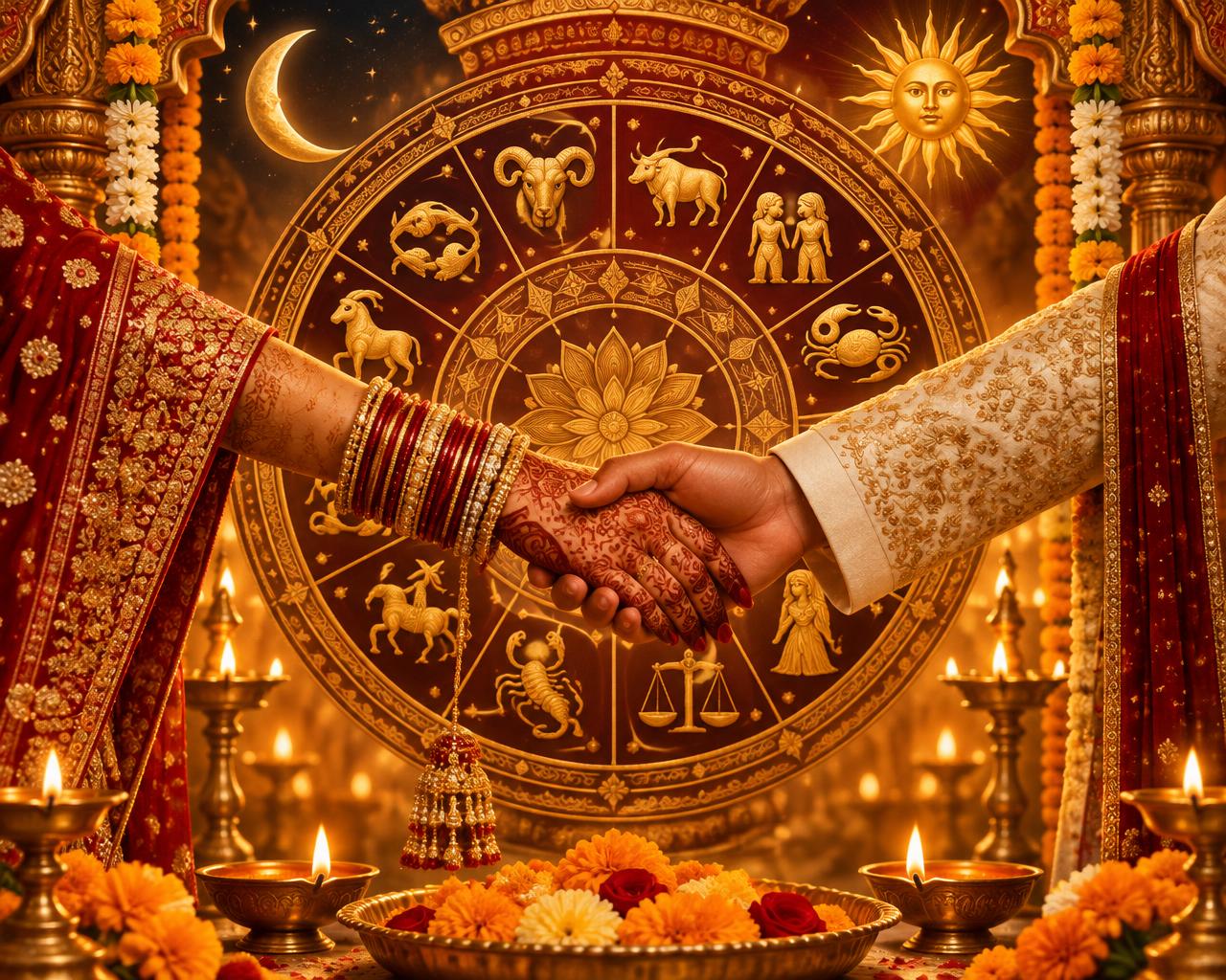 Bride and groom joining hands before a golden Vedic zodiac wheel